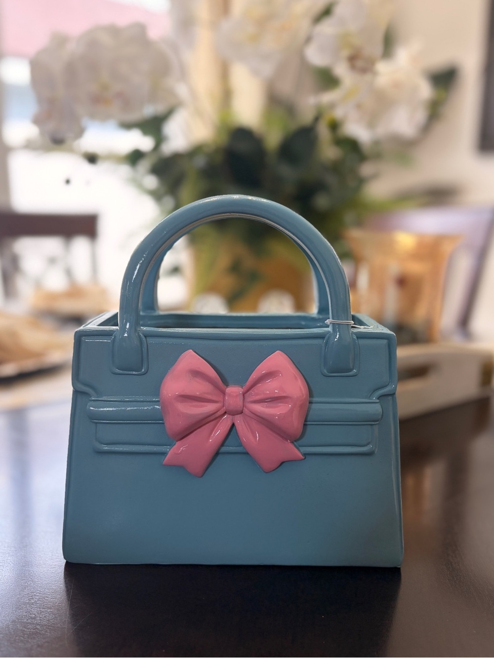 Pink Bow Accent Blue Decor Vase Handbag- 9” x 8”